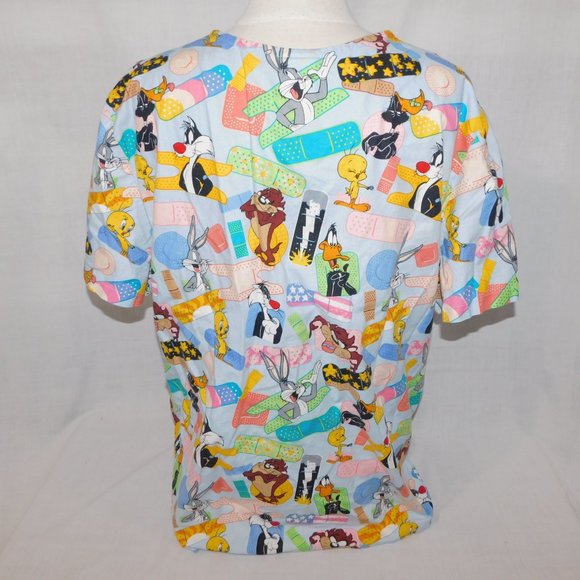 Looney Tunes Womens XL Scrub Top Shirt Band Aids Taz Bugs Bunny Tweety Daffy - Picture 12 of 14